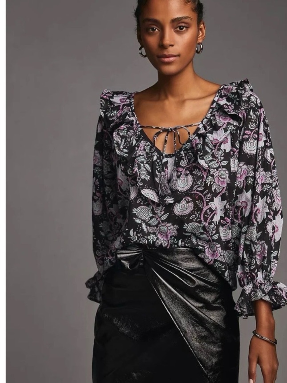 NEW Anthropologie Black Floral Tie-Neck Blouse with Lavender Accents